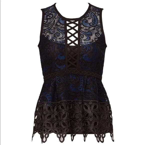 Nanette Lepore Romantics Lace Crochet Top Tank Navy Blue Black 4 - Picture 1 of 11